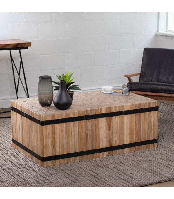 The Chesney coffee table is crafted from teak wood with metal decorative detail. Impressive in any setting with its modern, yet rustic simplicity.