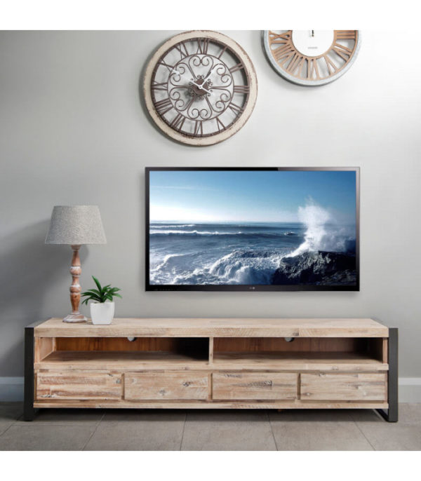 The urban-inspired Lexi TV unit offers 4-drawers and 2 spacious console compartments. Featuring a blend of metal, Acacia wood and Acacia veneers this piece boasts an industrial look to perfectly complement a contemporary living or TV room.